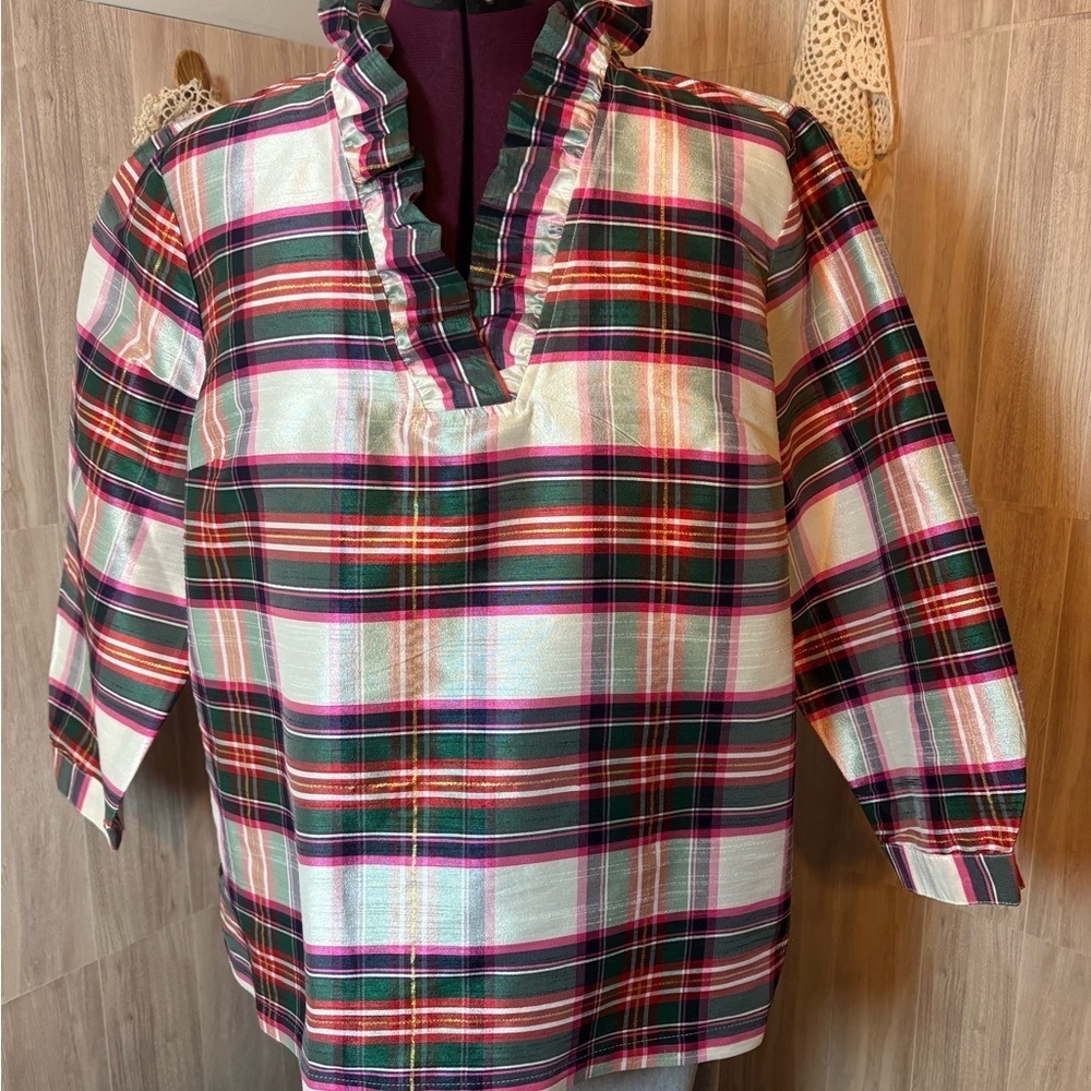 crown & ivy Multicolor Plaid Women’s Blouse with Ruffle Neck